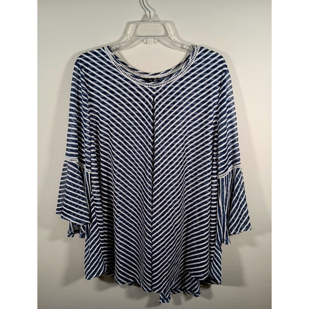 New Directions Flowy Semi Sheer Navy White Striped Bell Sleeve Top Plus Size 2X